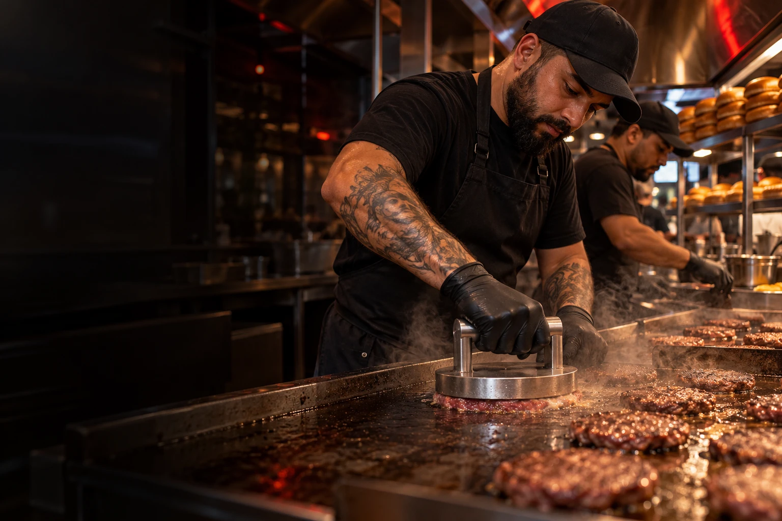 Hamburgueiro tatuado de boné usando uma prensa de smash em chapa com burgers