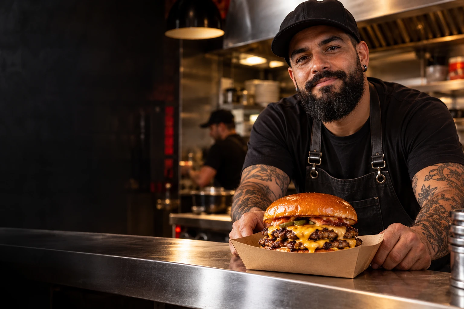 Hamburgueiro com barba, boné e tatuagens apresentando um smash burger finalizado no balcão