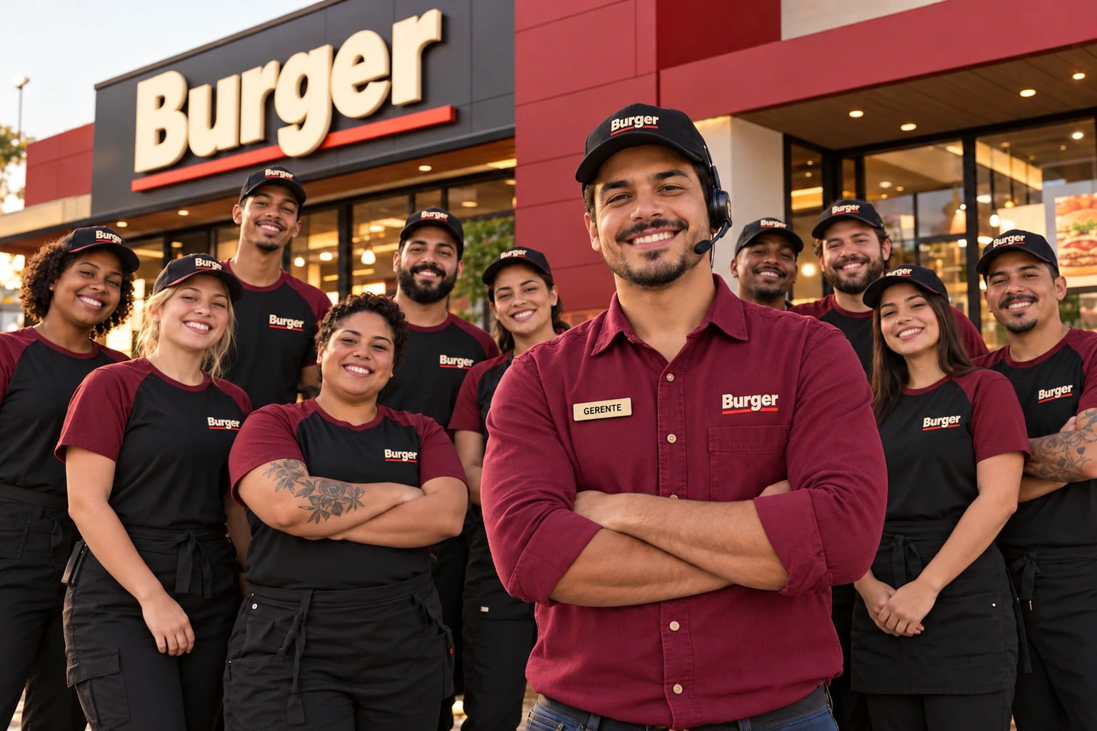 Cena ilustrativa de gerente com camisa vinho, boné preto e headset, uniformes com logo Burger, diante da loja Burger, acompanhado por uma equipe diversa e sorridente