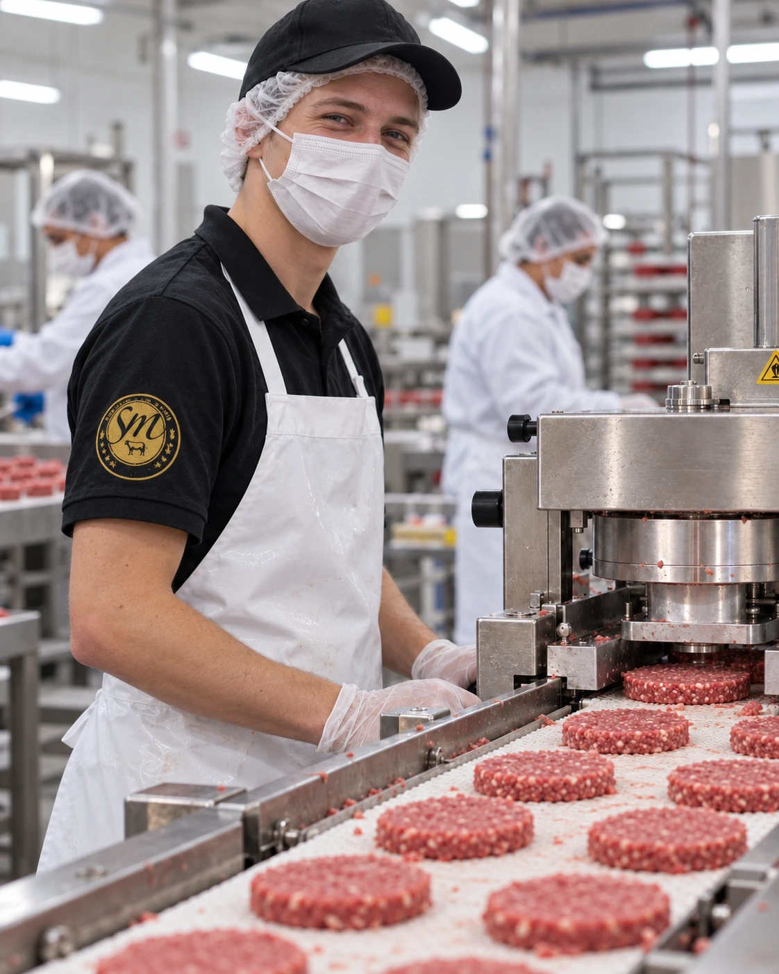 Cena ilustrativa de produção de hambúrgueres: operador magro e loiro, com máscara, olhos sorridentes e polo Monjoleiro, avental branco, touca e boné acompanhando a prensa e burgers na esteira, com equipe ao fundo